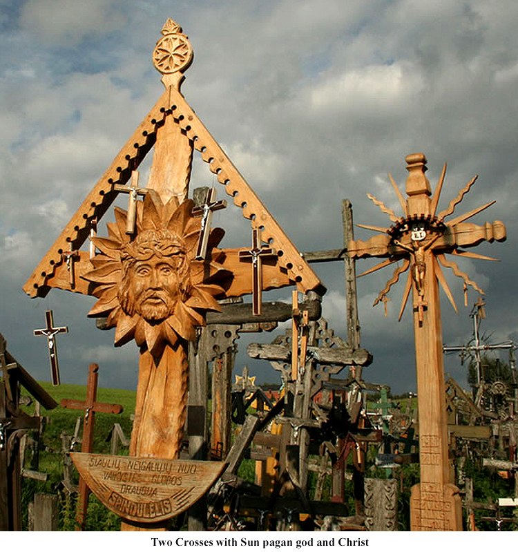 Two Crosses with Sun pagan god and Christ